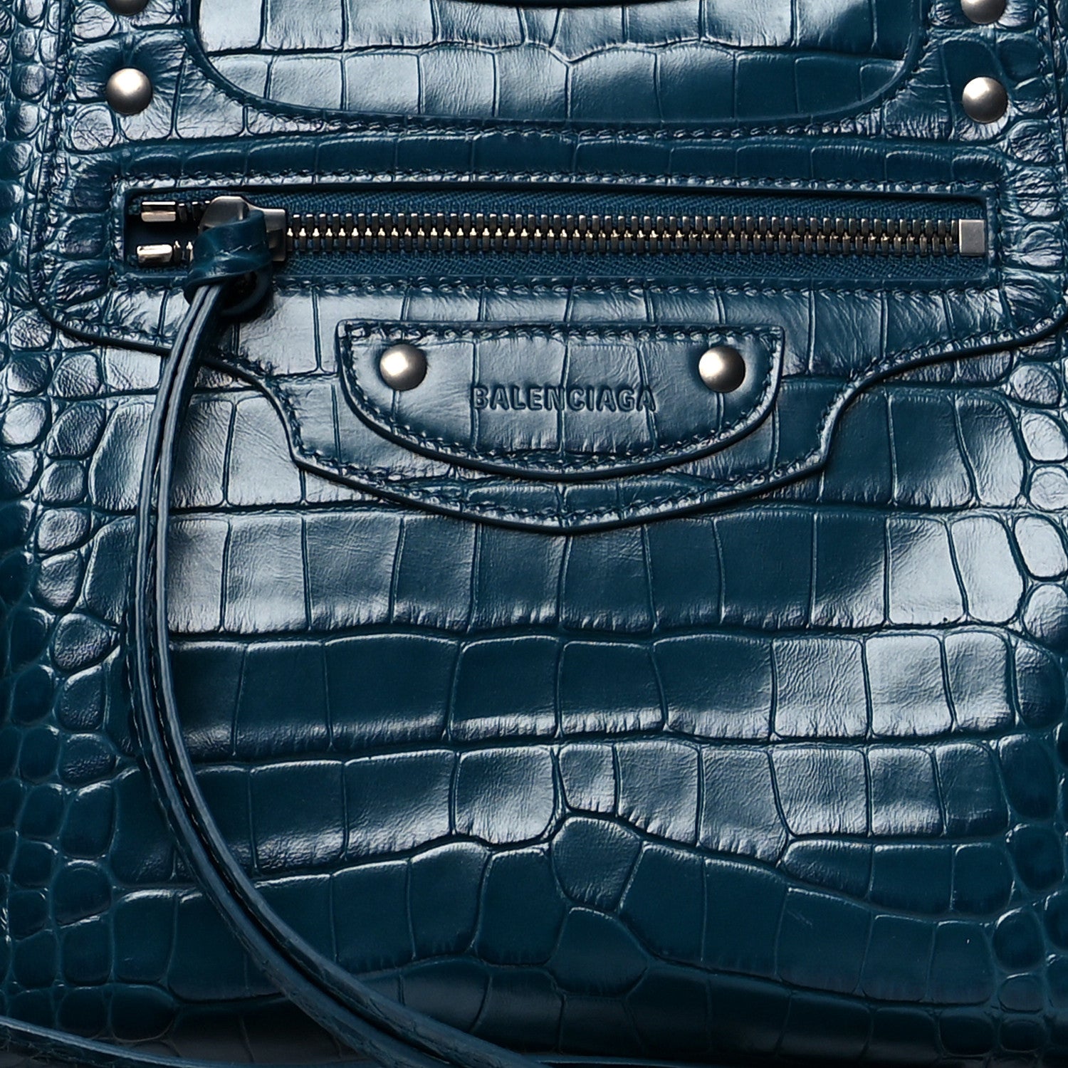 Balenciaga Calfskin Crocodile Embossed Neo Classic Silver Hardware Medium City Dark Petrol Blue 7 of 9