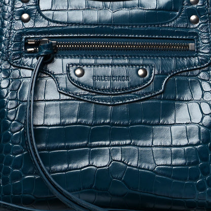 Balenciaga Calfskin Crocodile Embossed Neo Classic Silver Hardware Medium City Dark Petrol Blue 7 of 9