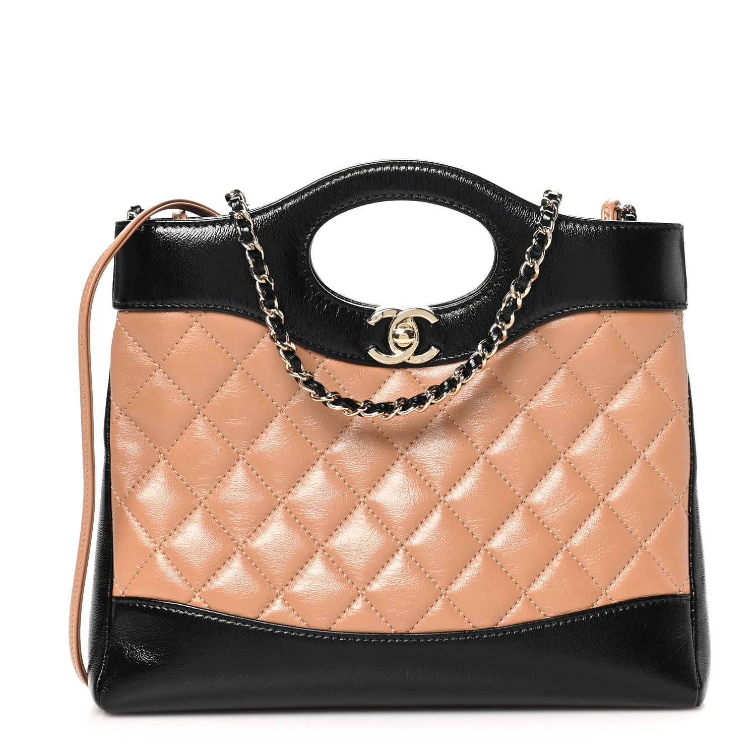 Chanel Shiny Crumpled Calfskin Quilted Mini 31 Shopping Bag Dark Beige Black 1 of 10