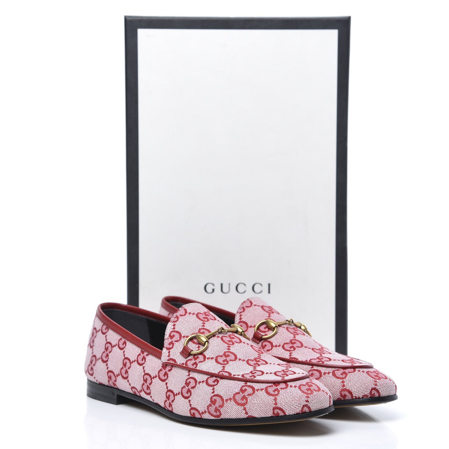 Canvas GG Monogram Horsebit Womens Jordaan Loafers 38.5 Gardenia Hibiscus Red