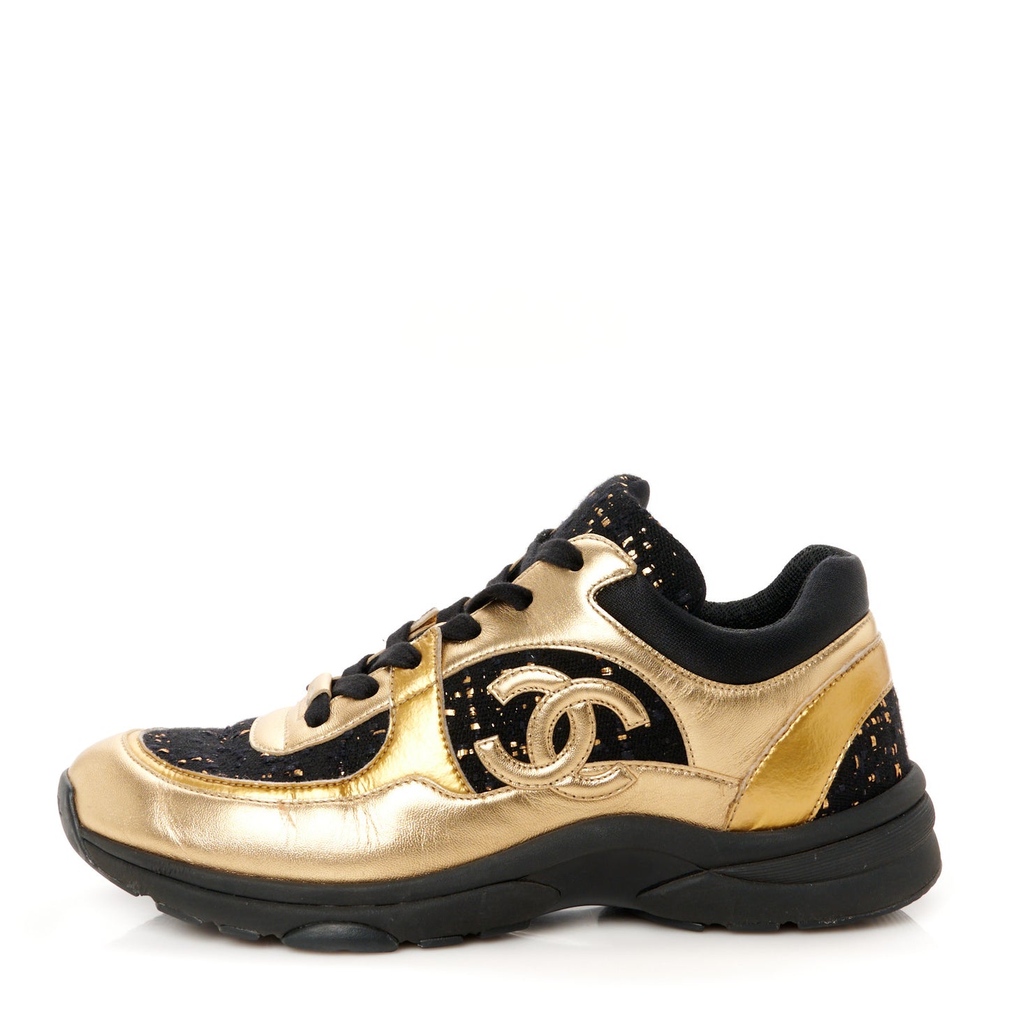 Satin Lambskin Fabric Tweed CC Sneakers 40 Gold Black