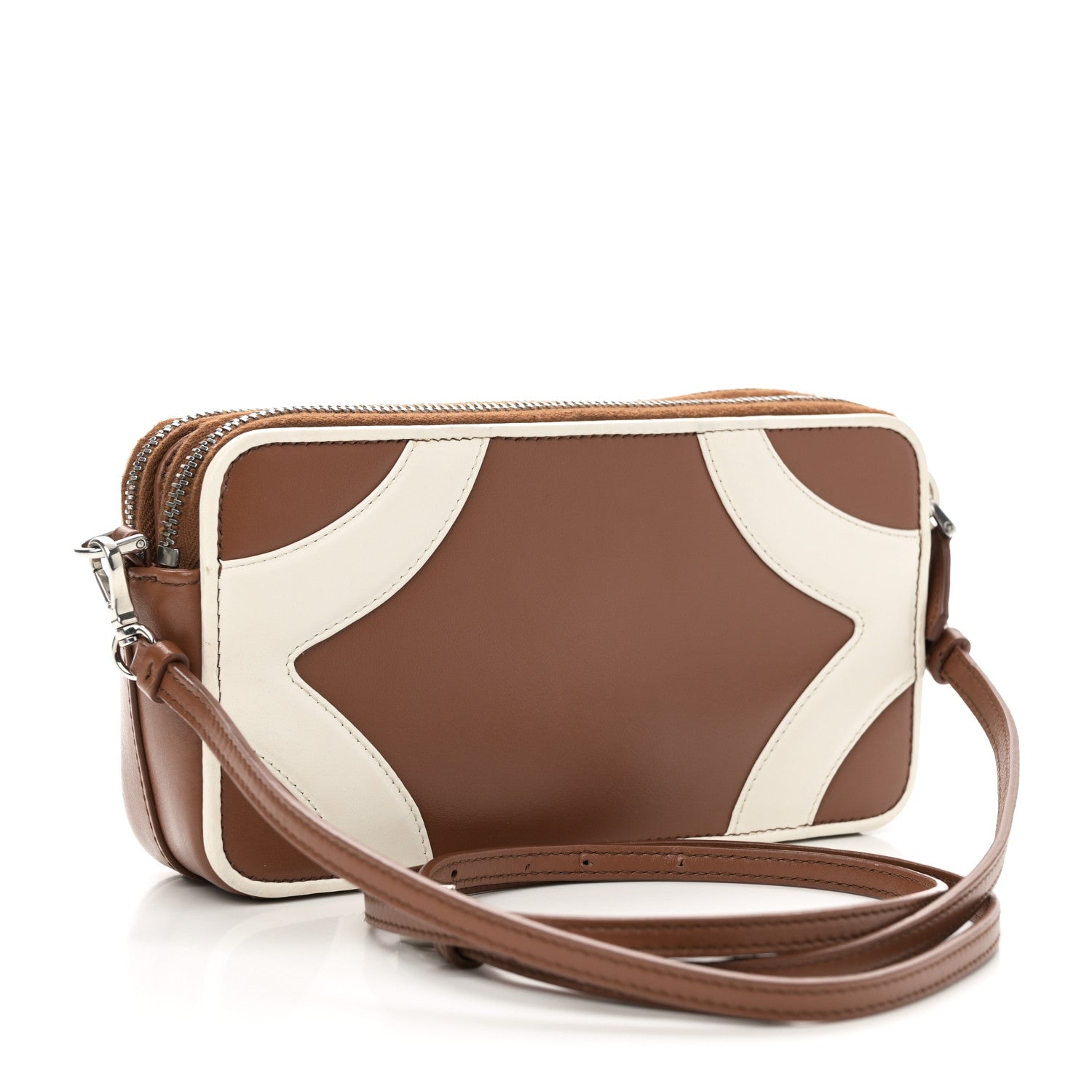 Prada Soft Calfskin Mini Double Zip Crossbody Bag Cognac White