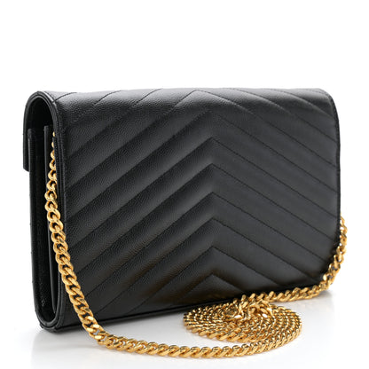 Saint Laurent Grain De Poudre Matelasse Chevron Monogram Chain Wallet Black 3 of 10