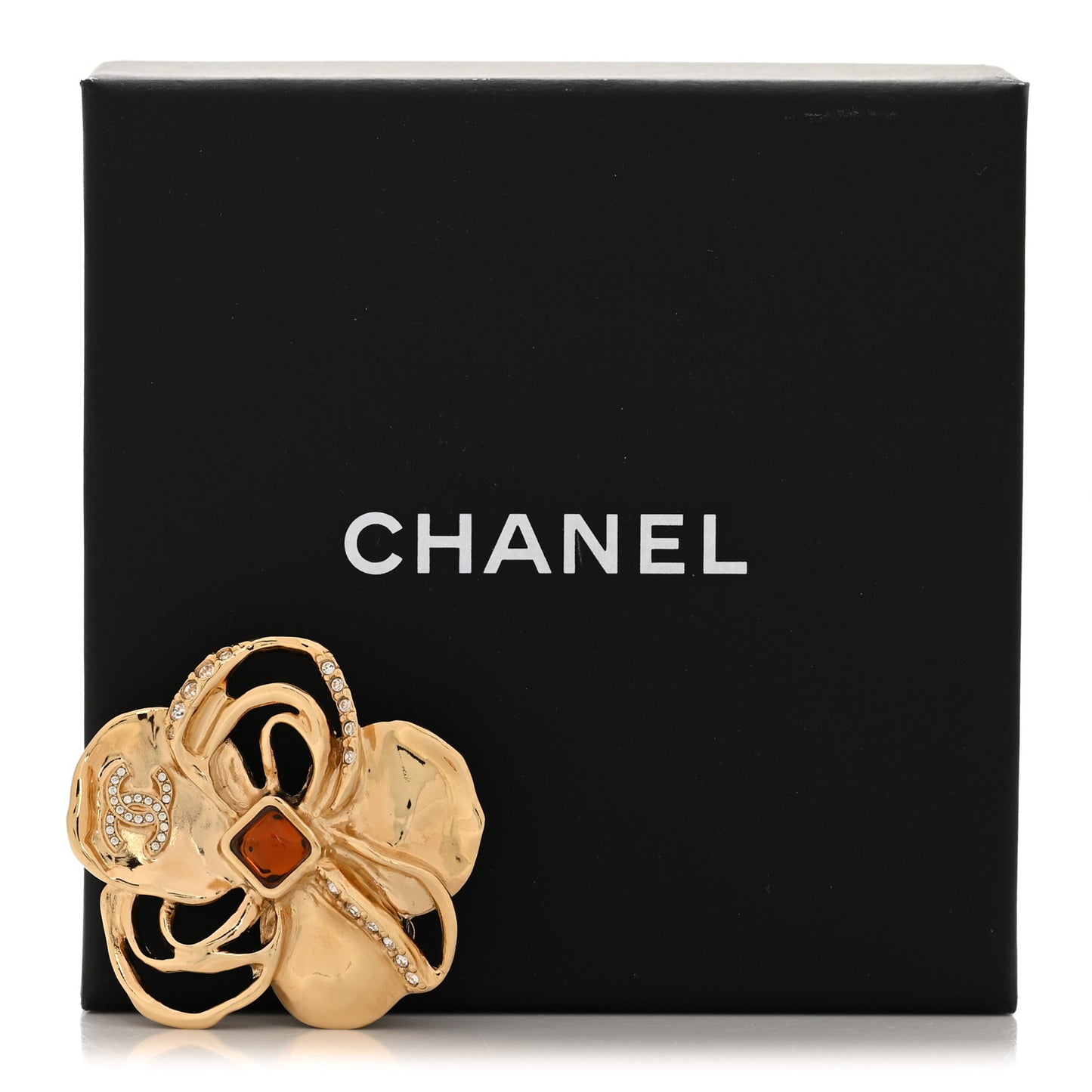 Metal Crystal CC Camellia CC Brooch Gold Brown
