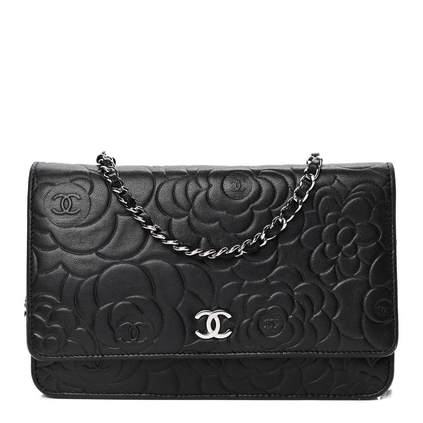 Lambskin Camellia Embossed Wallet on Chain WOC Black