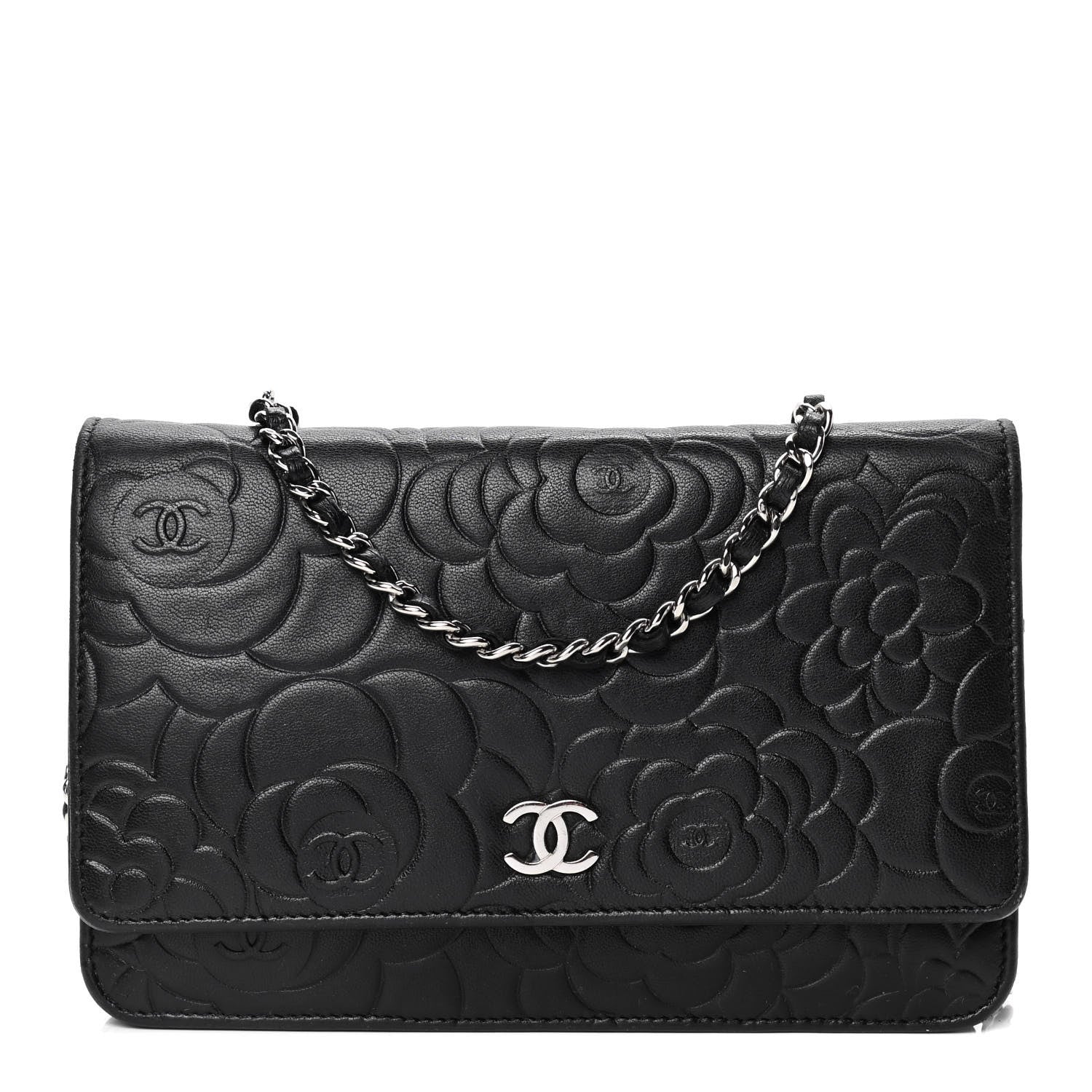 Chanel Lambskin Camellia Embossed Wallet on Chain WOC Black 1 of 5