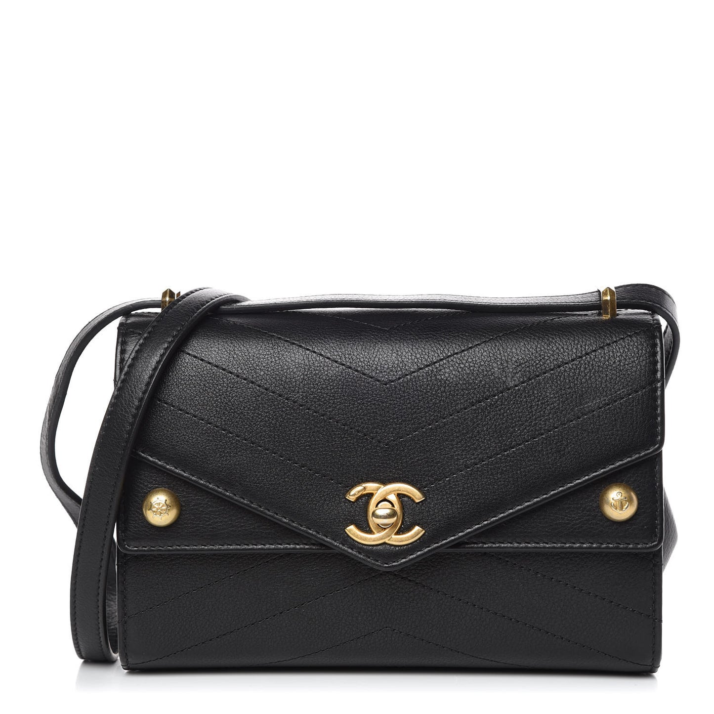 Calfskin Chevron Quilted Casual Trip Flap Black