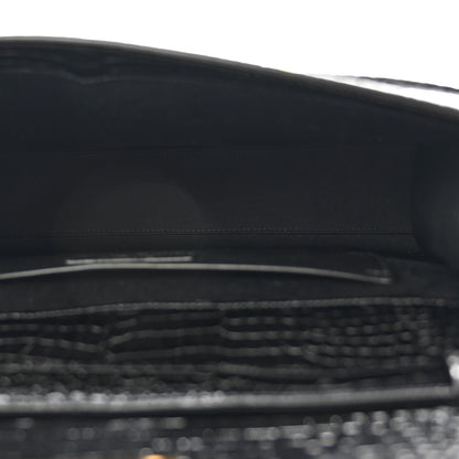 Saint Laurent Shiny Calfskin Crocodile Embossed Manhattan Baguette Black 5 of 10