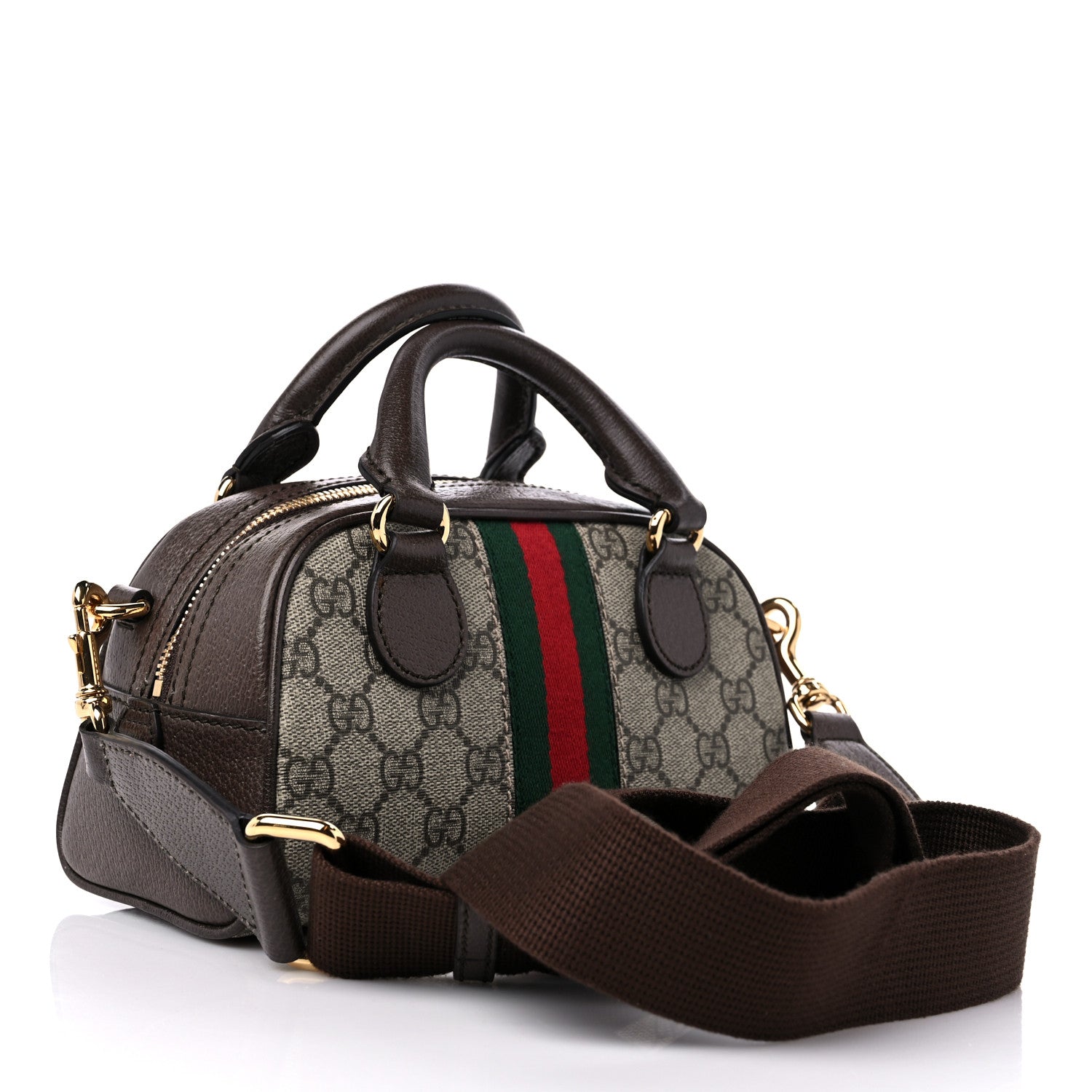Gucci GG Supreme Monogram Textured Dollar Calfskin Web Mini Ophidia Top Handle Bowler Bag Beige Ebony New Acero 3 of 9