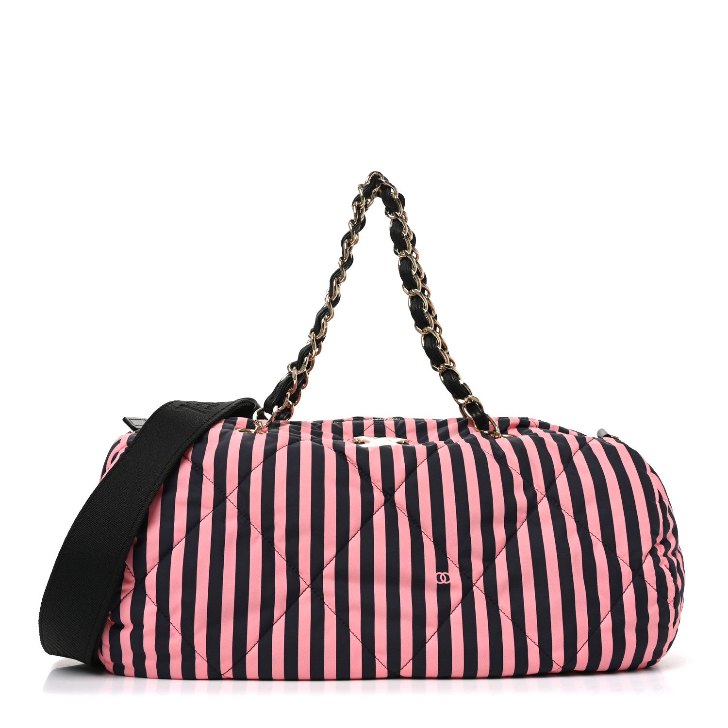 Chanel Nylon Striped Quilted Coco Beach Large Bowling Bag Black Coral 1 of 10