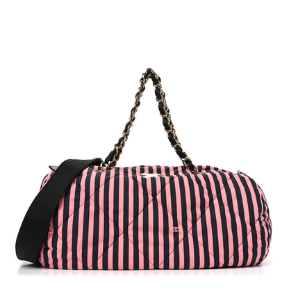 Chanel Nylon Striped Quilted Coco Beach Large Bowling Bag Black Coral 1 of 10