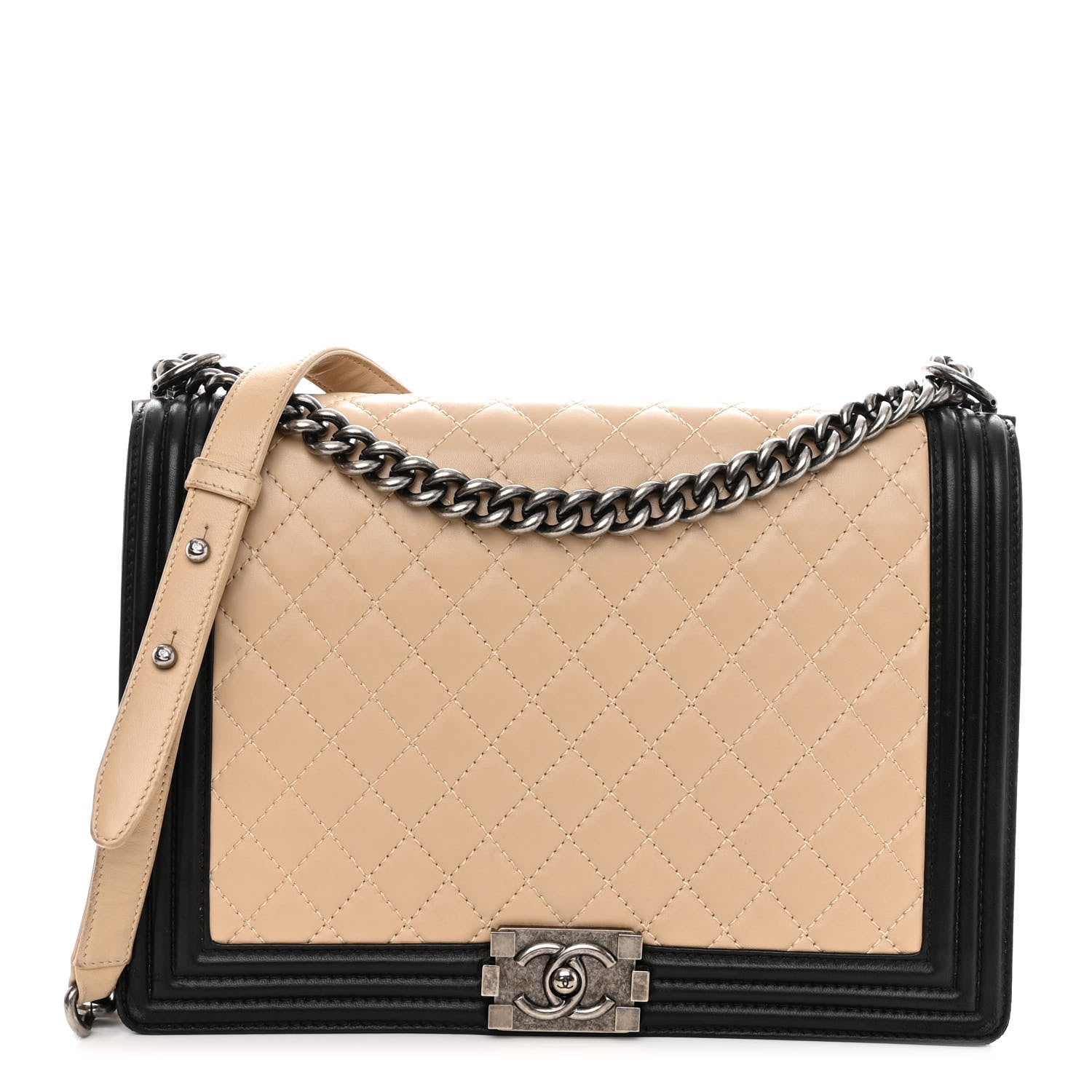 Chanel Lambskin Quilted Large Boy Flap Beige Black 1 of 13
