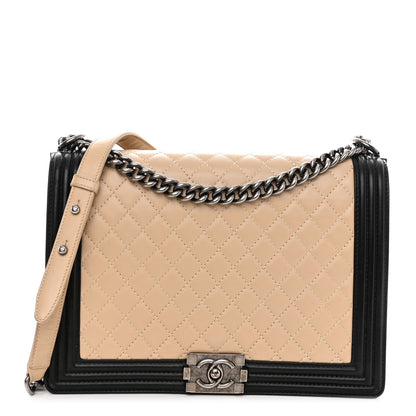 Chanel Lambskin Quilted Large Boy Flap Beige Black 1 of 13