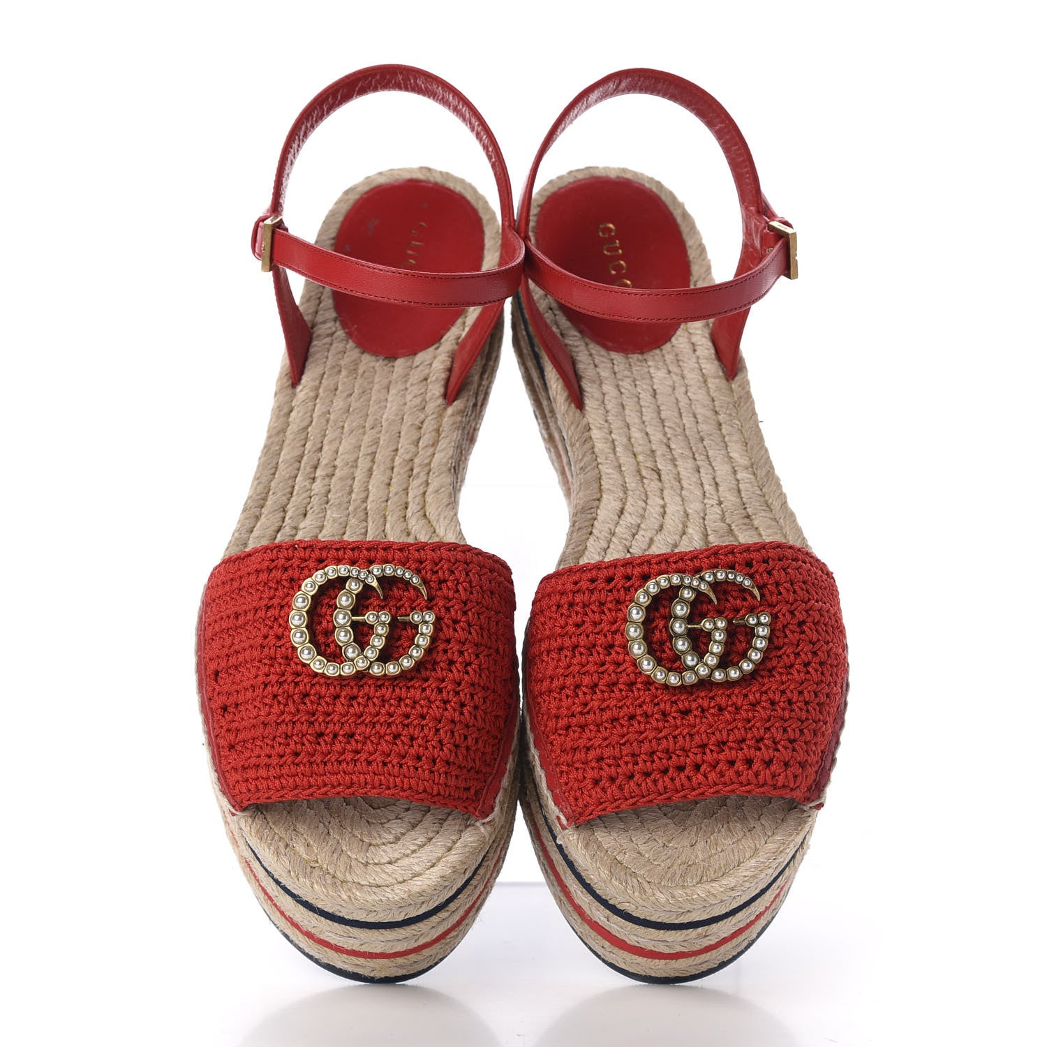Gucci Cotton Malaga Kid Crochet Pearly GG Lilibeth Espadrille Platform Sandals 39 Hibiscus Red 5 of 13