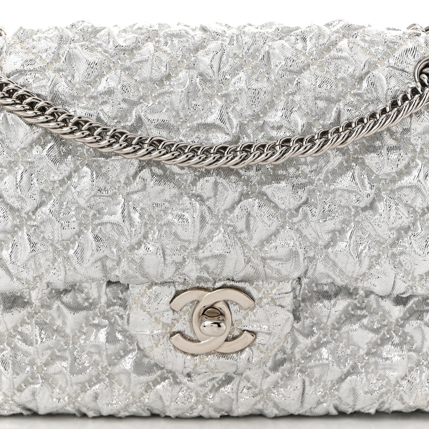 Metallic Lame Quilted Small Double Flap Silver