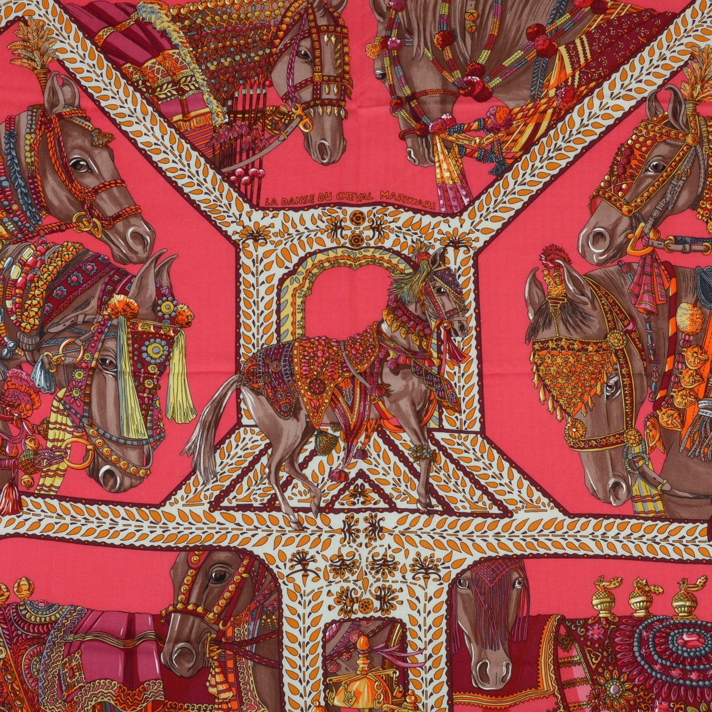 Cashmere Silk La Danse Du Cheval Marwari Shawl 140 Rose Vif Orange Fuchsia