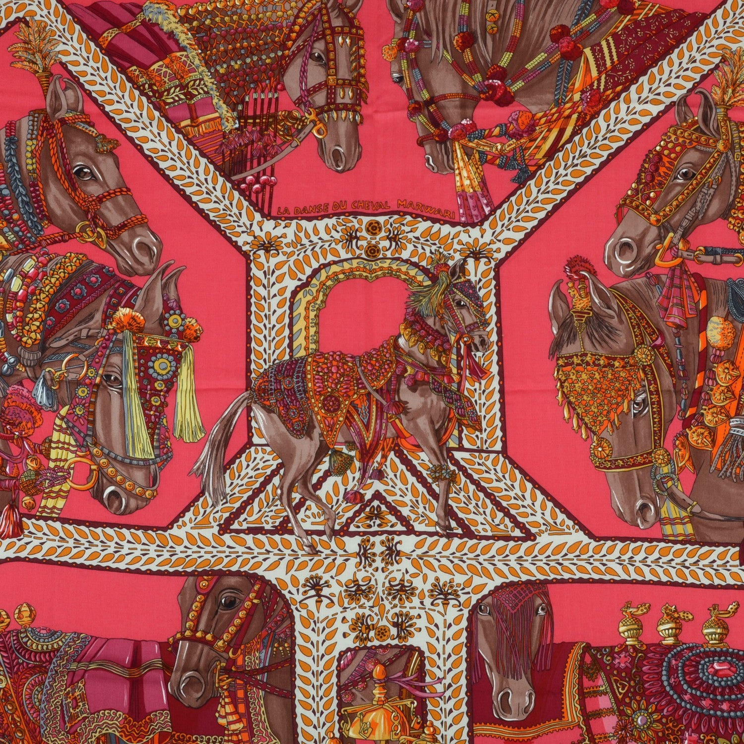 Hermes Cashmere Silk La Danse Du Cheval Marwari Shawl 140 Rose Vif Orange Fuchsia 1 of 5
