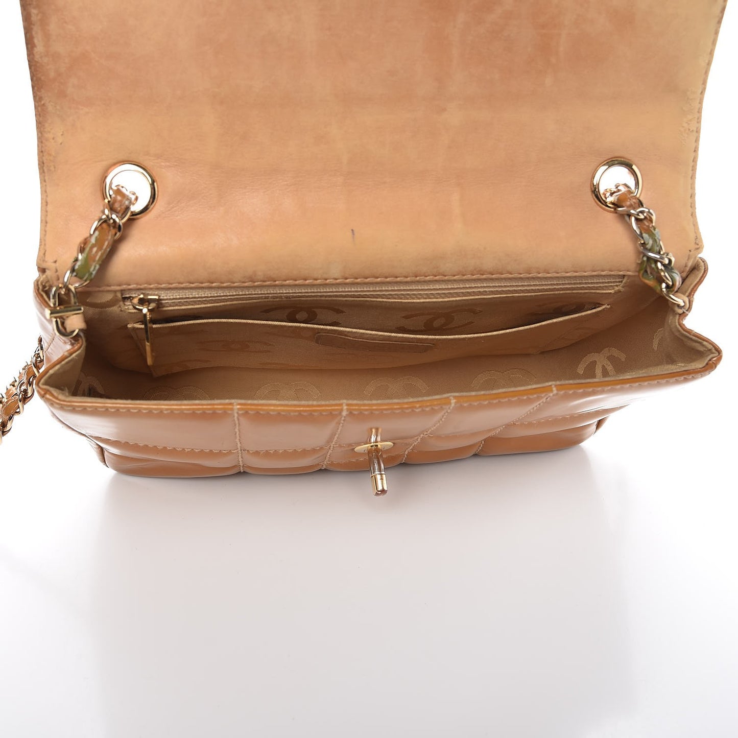 Patent Quilted Medium Chocolate Bar Flap Tan