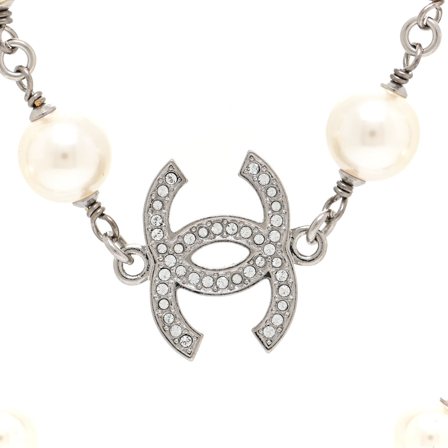Crystal Pearl CC Long Necklace Silver