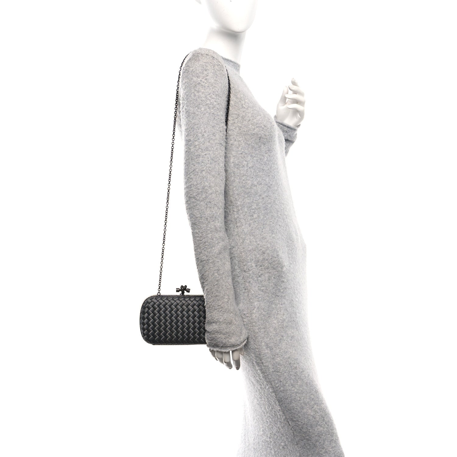 Bottega Veneta Satin Ayers Intrecciato Chain Knot Clutch Grey 2 of 10