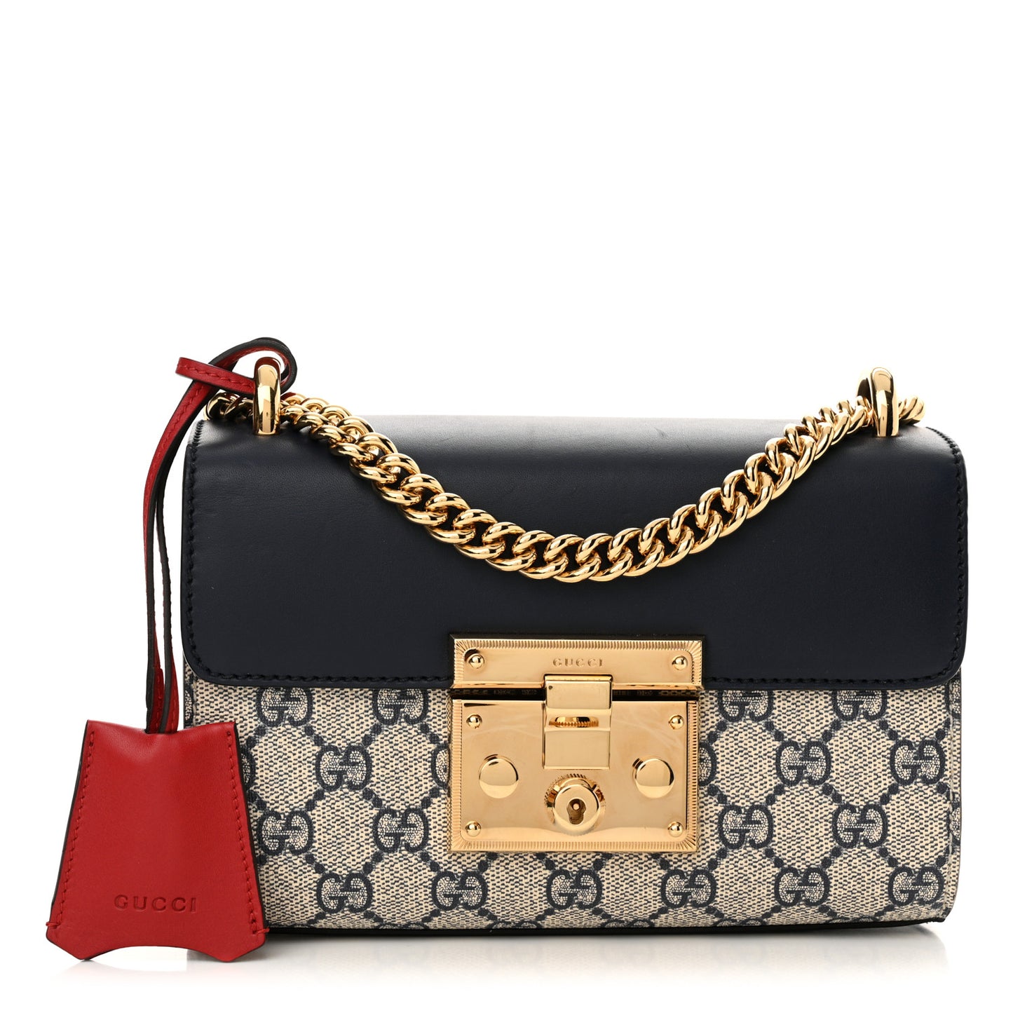 GG Supreme Monogram Moon Calfskin Small Padlock Shoulder Bag Beige Blue Mystic White Hibiscus Red
