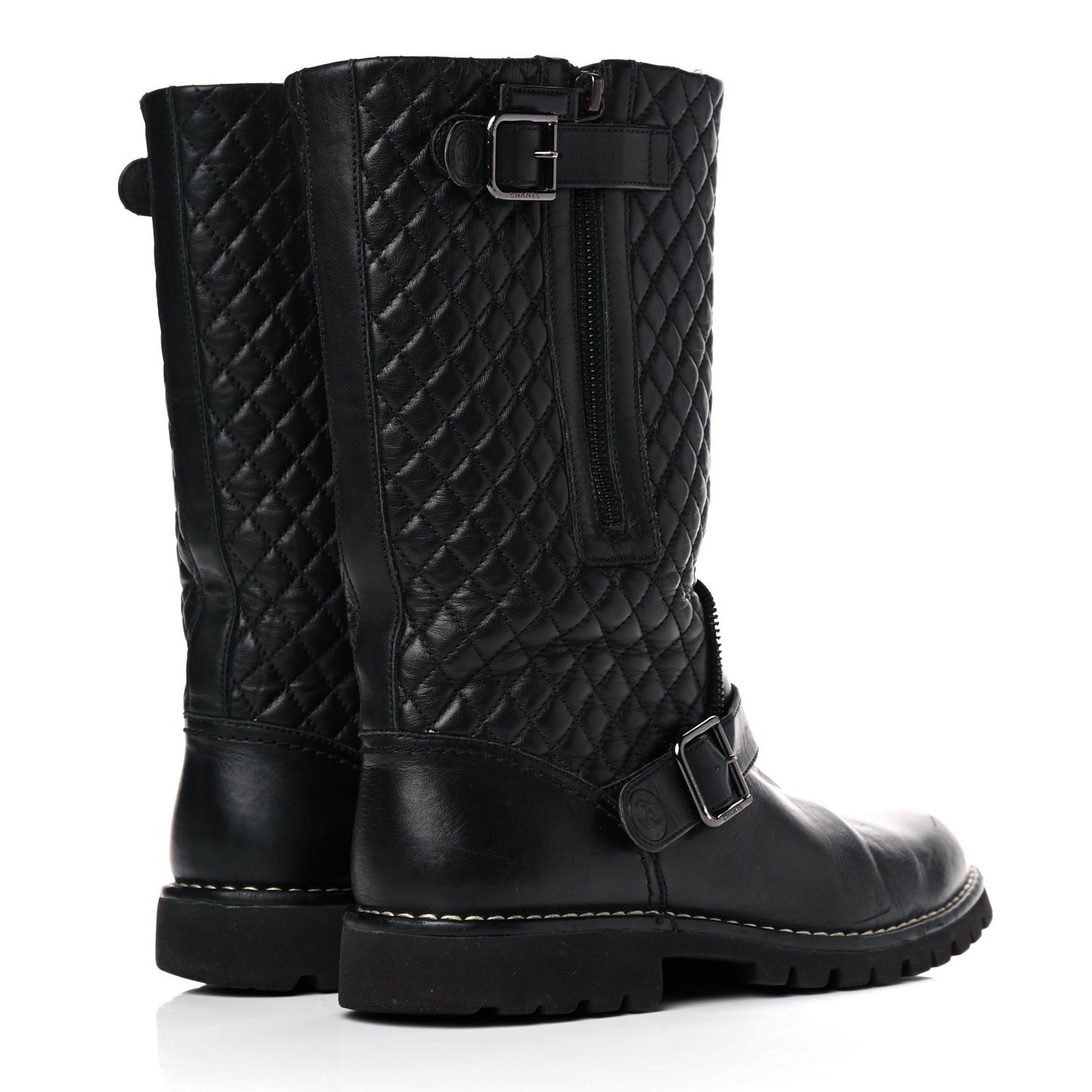 Calfskin Quilted Biker Boots 40.5 Black