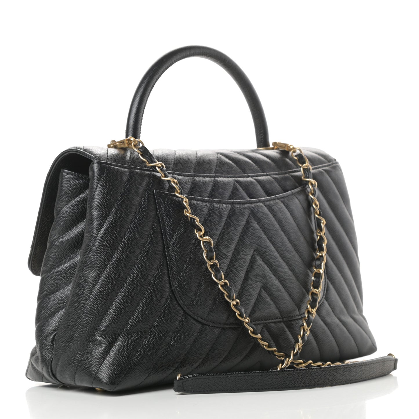 Caviar Chevron Quilted Medium Coco Handle Flap Black