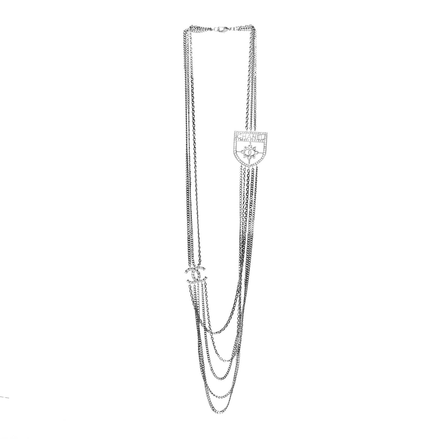 Baguette Crystal CC Shield Multi Strand Long Chain Brooch Silver