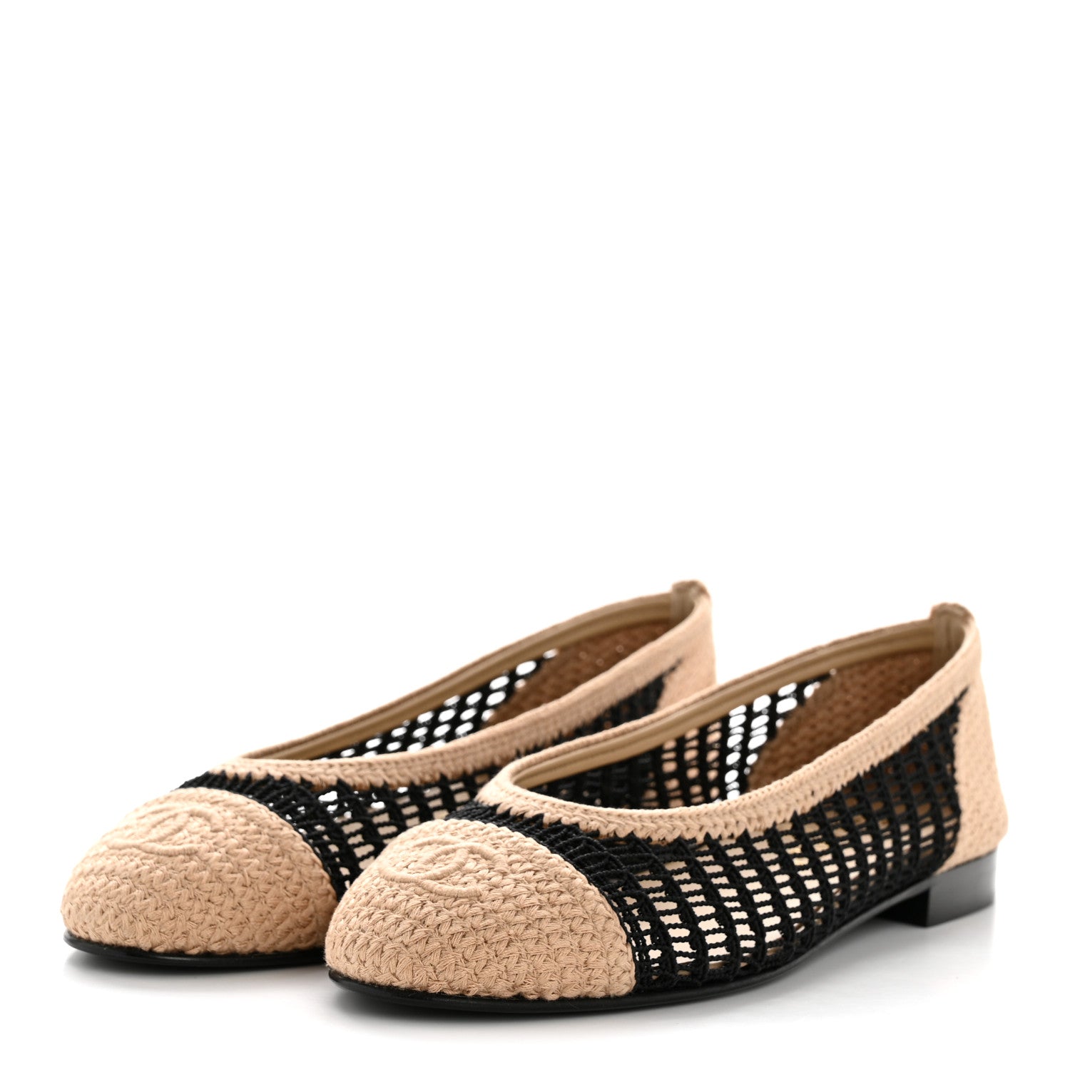 Chanel Raffia Cap Toe Ballerina Flats 37 Black Beige 4 of 9