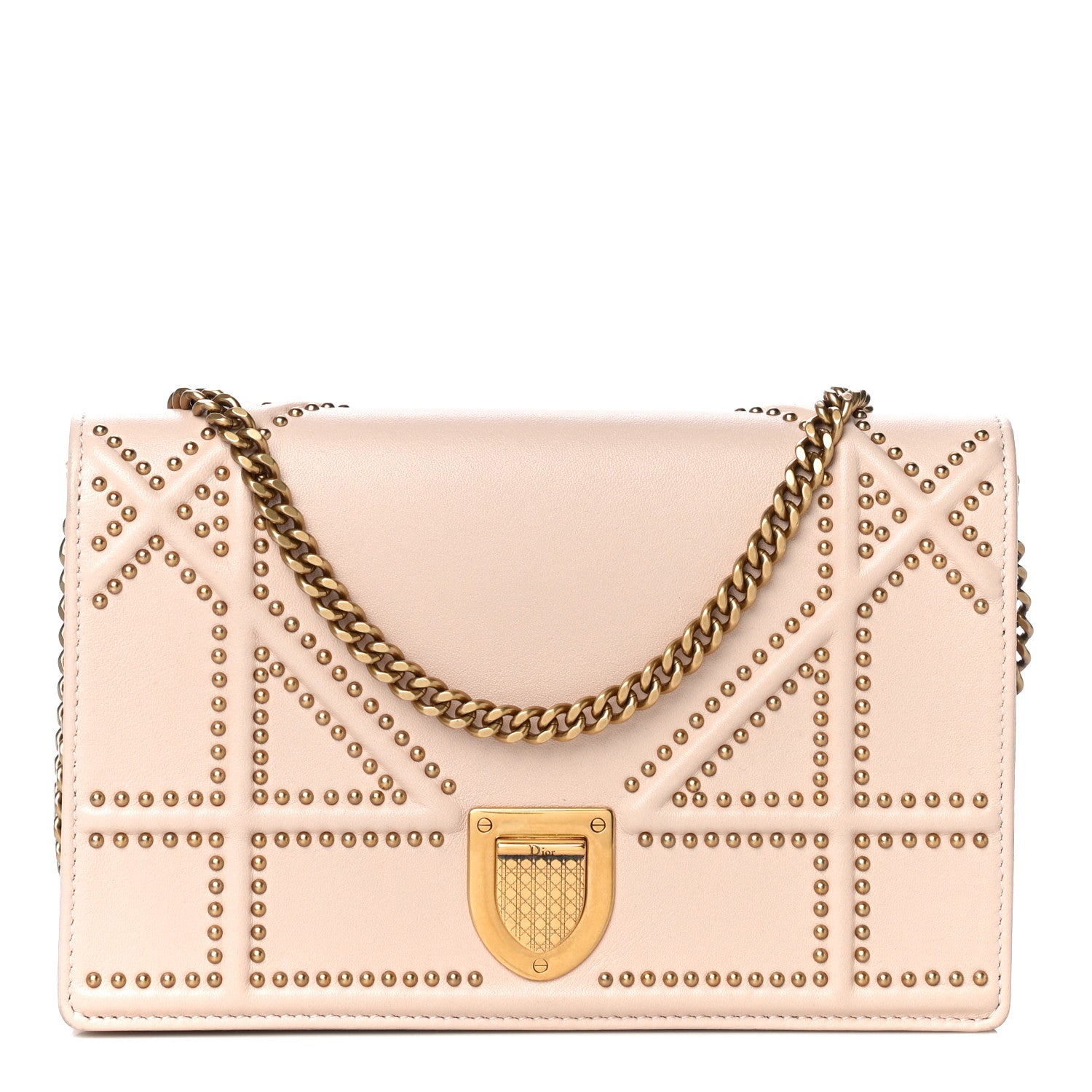 Christian Dior Calfskin Studded Diorama Wallet on Chain Pouch Nude 1 of 17