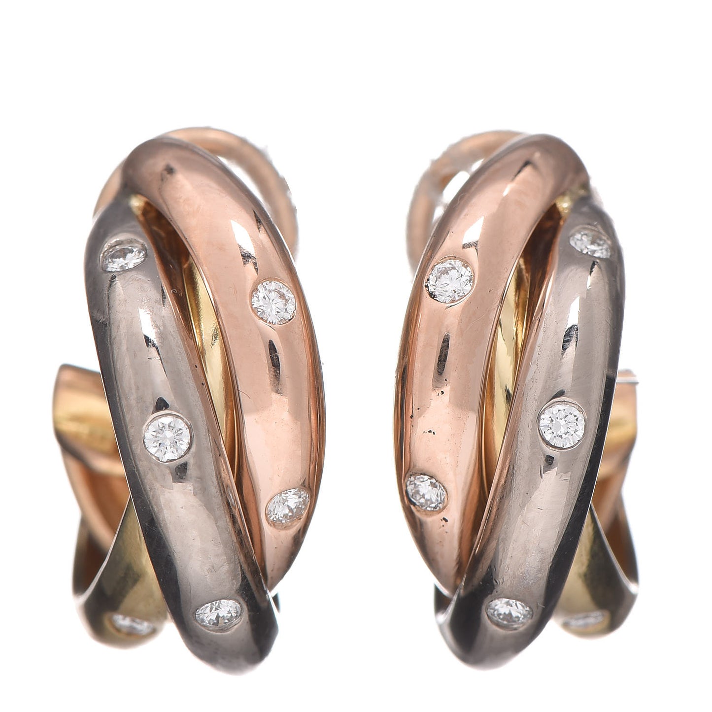 18K Pink Yellow White Gold Diamond Trinity Hoop Earrings