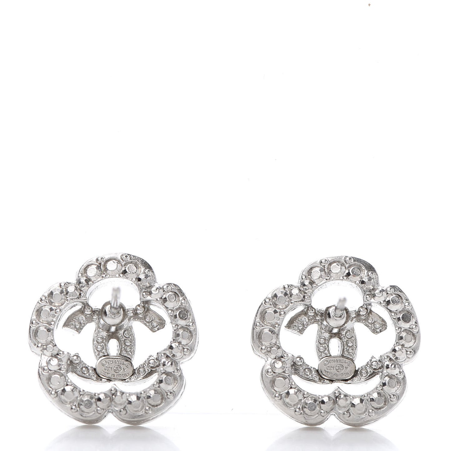 Crystal Coco Flapper Camellia CC Stud Earrings Silver