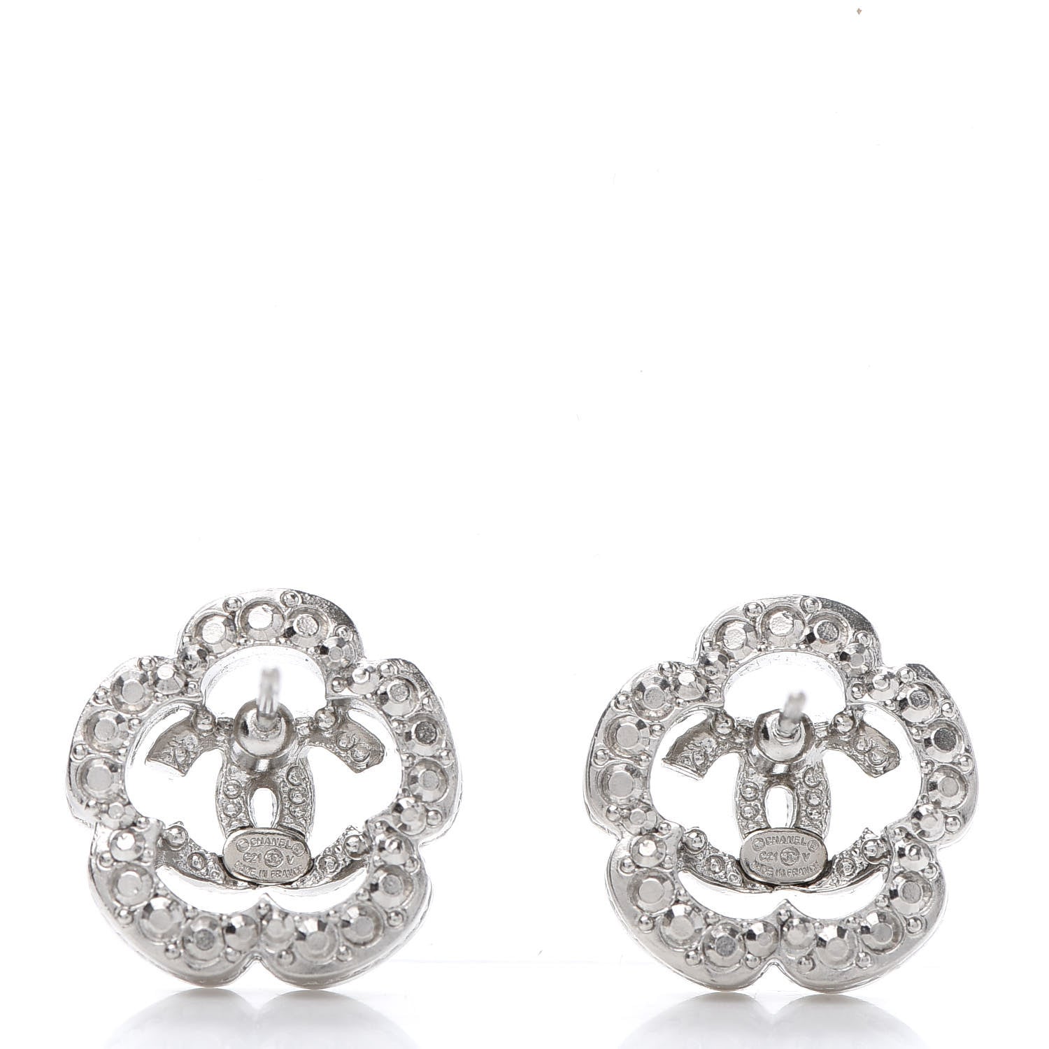 Chanel Crystal Coco Flapper Camellia CC Stud Earrings Silver 4 of 5