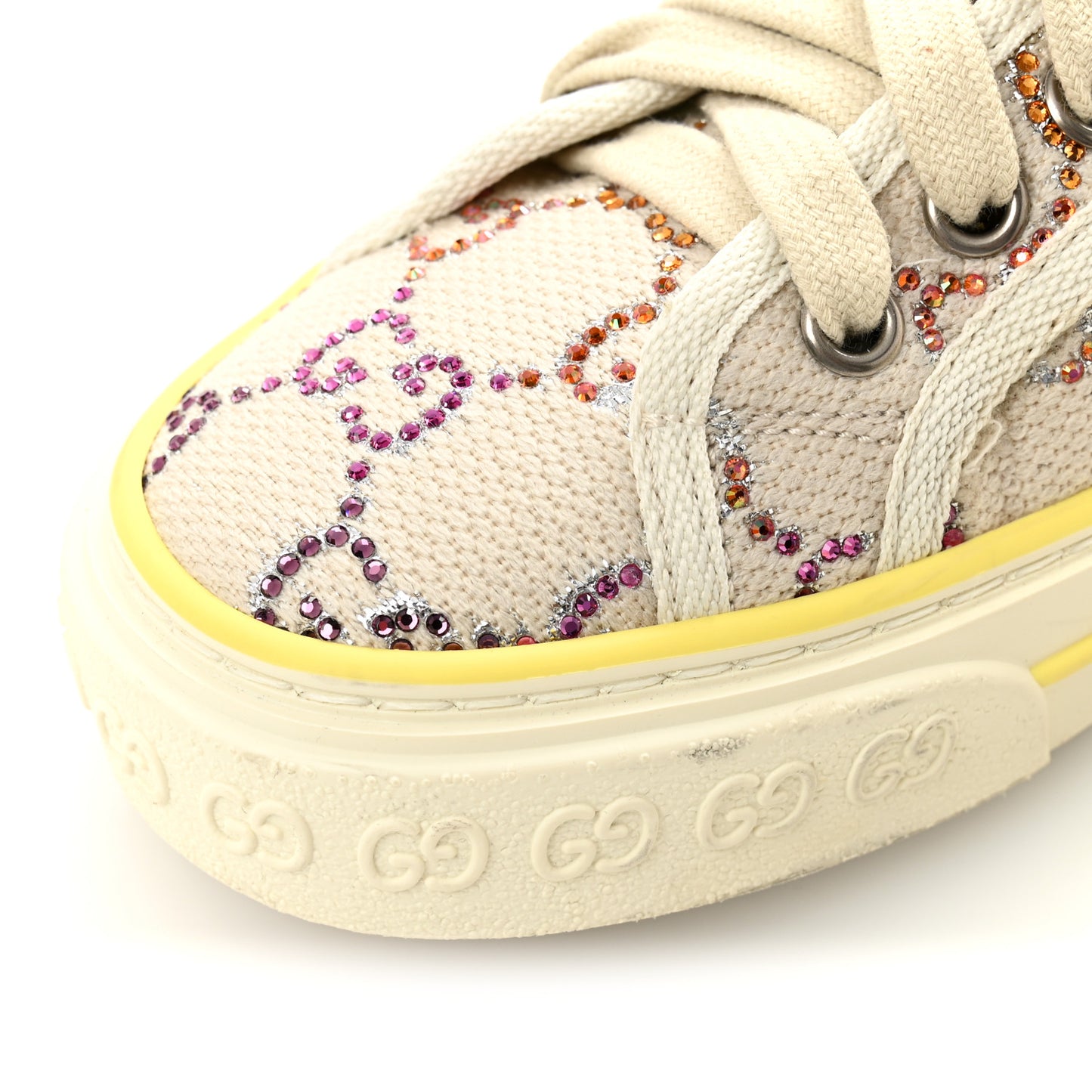 Canvas Lame Crystal GG Monogram Womens 1977 Tennis Sneakers 36 Gardenia Silver Mystic White