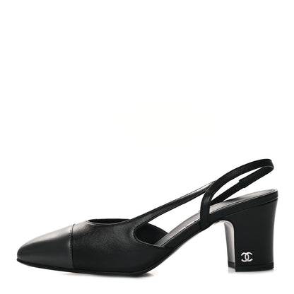 Chanel Lambskin Cap Toe CC Slingback Sandals 37 Black Dark Grey 1 of 9