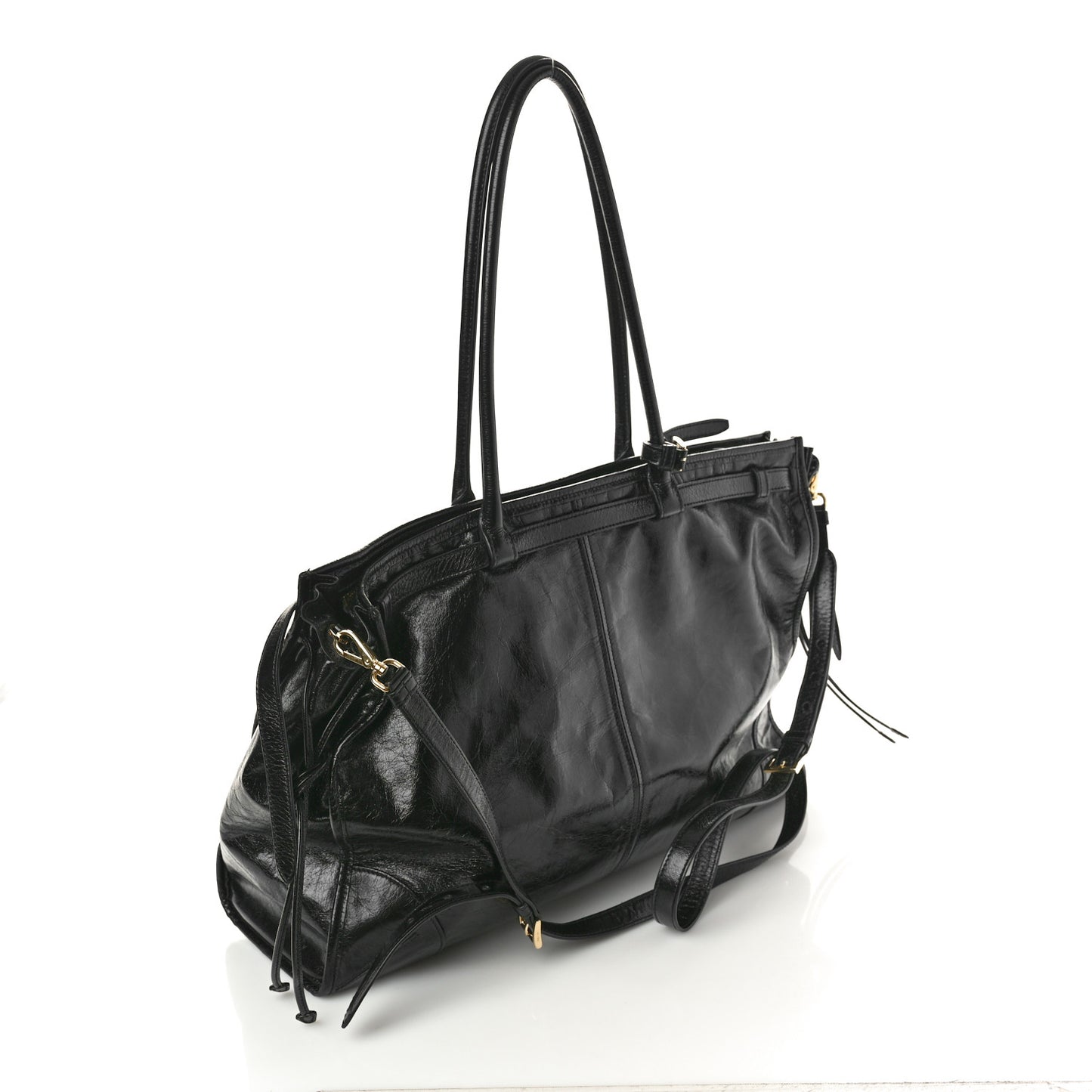 Glossy Calfskin Triangle Large Bonnie Shoulder Bag Black