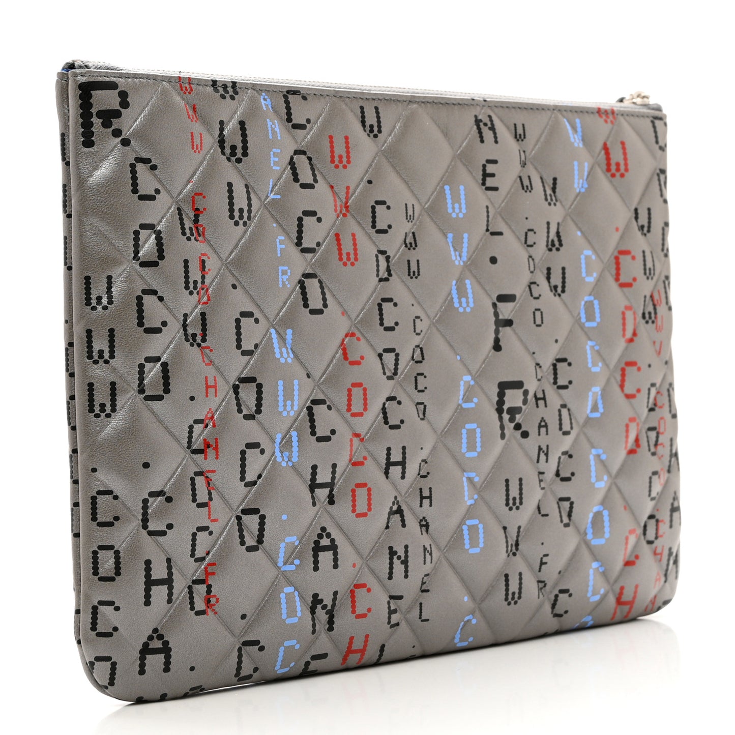Metallic Lambskin Quilted Large Data Center Cosmetic Case Silver
