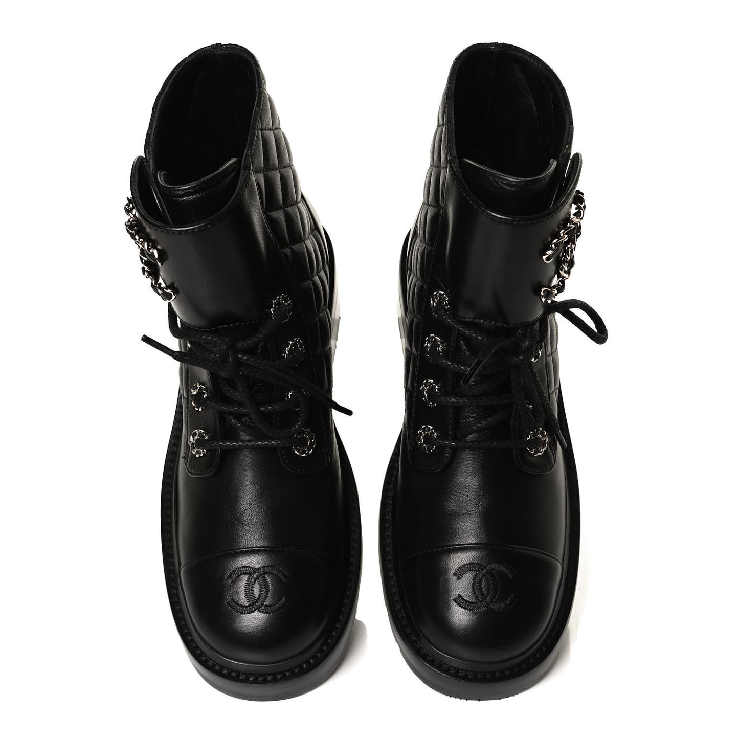 Shiny Lambskin Quilted Lace Up Combat Boots 37 Black