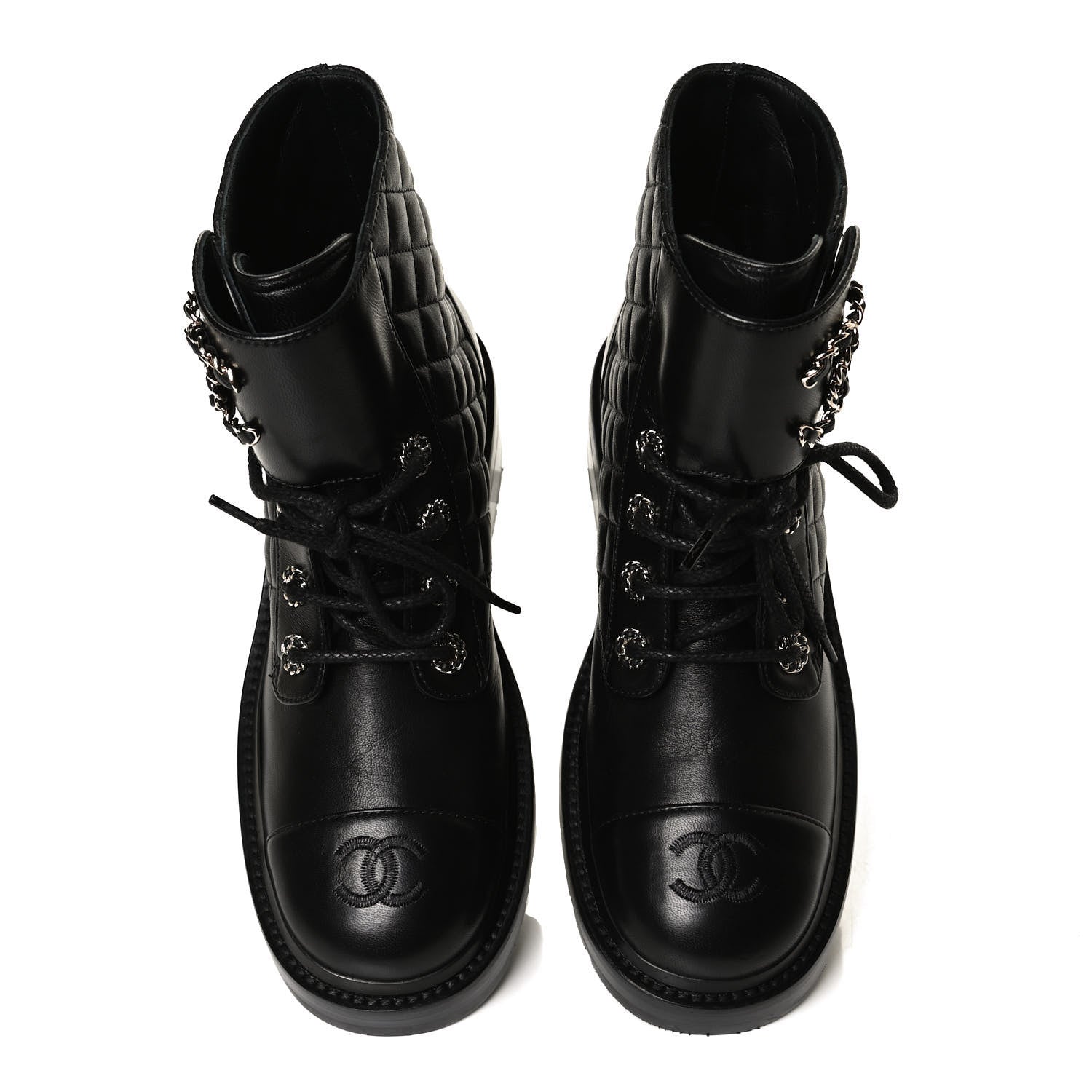 Chanel Shiny Lambskin Quilted Lace Up Combat Boots 37 Black 5 of 12