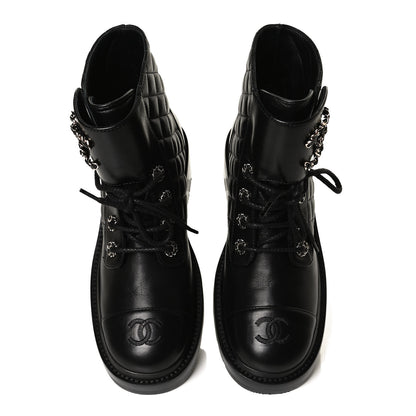 Chanel Shiny Lambskin Quilted Lace Up Combat Boots 37 Black 5 of 12