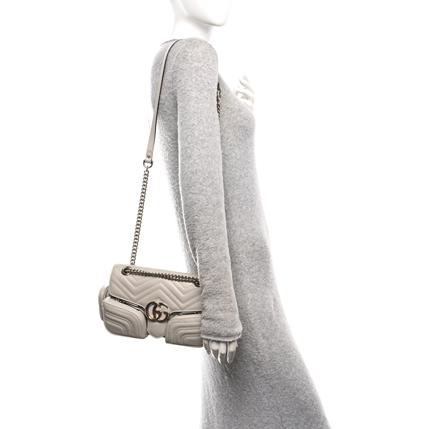 Gucci Calfskin Matelasse Small GG Marmont Multi Pocket Shoulder Bag Light Grey 2 of 10
