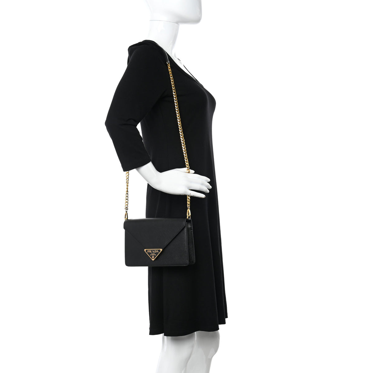 Saffiano Lux Metal Triangle Logo Mini Envelope Chain Shoulder Bag Black