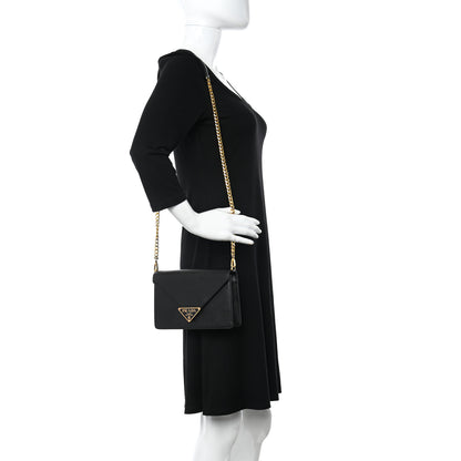 Prada Saffiano Lux Metal Triangle Logo Mini Envelope Chain Shoulder Bag Black 2 of 9