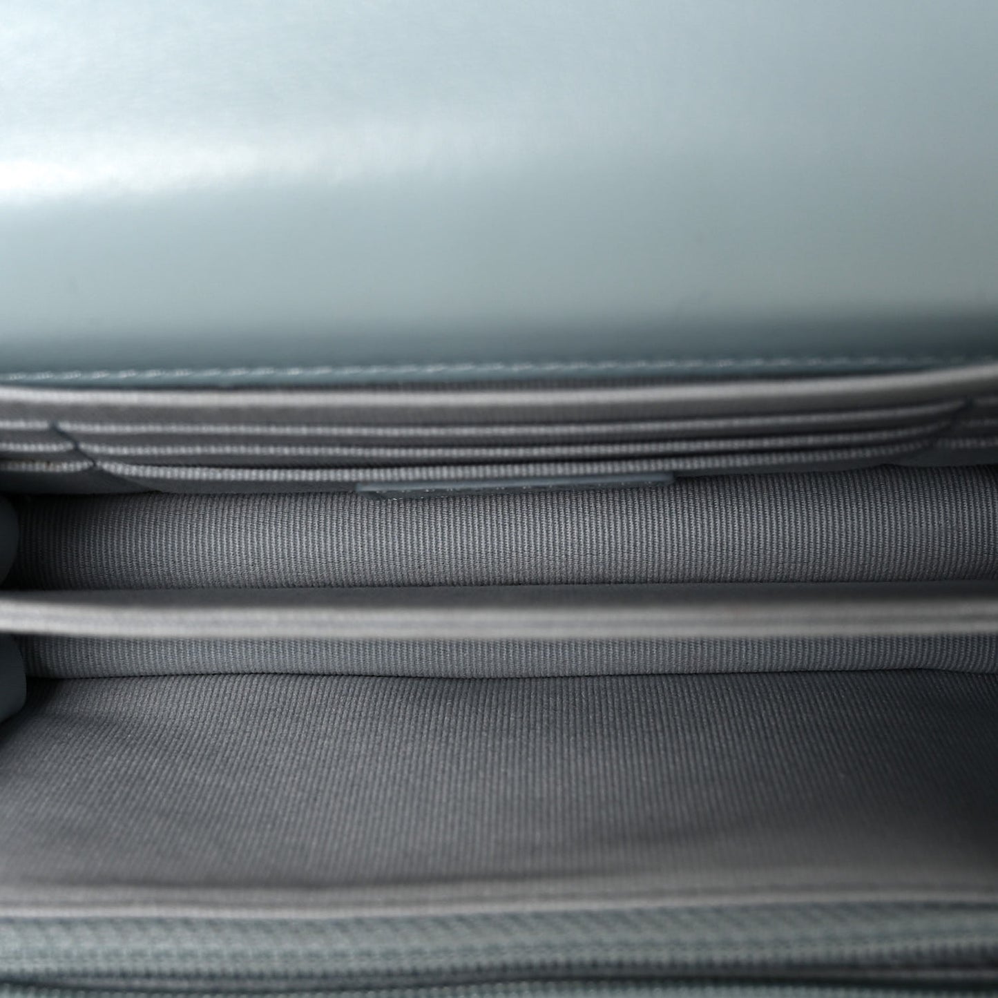 Lambskin Enamel Quilted Pending CC Clutch With Chain Light Blue