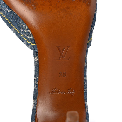 Louis Vuitton Denim Monogram Bow Mules Peep Toe Heels 38 6 of 12