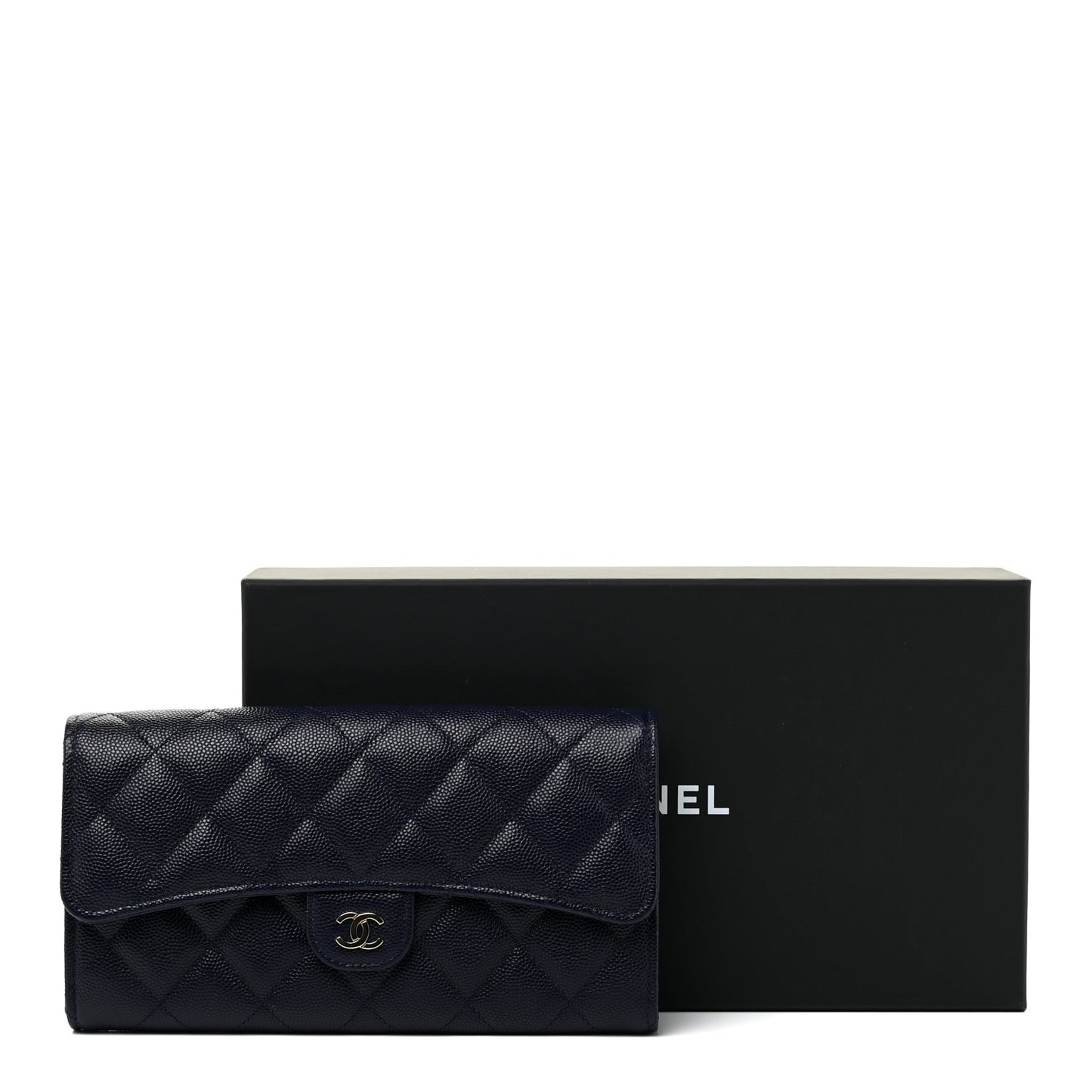 Caviar Quilted Large Gusset Flap Wallet Navy
