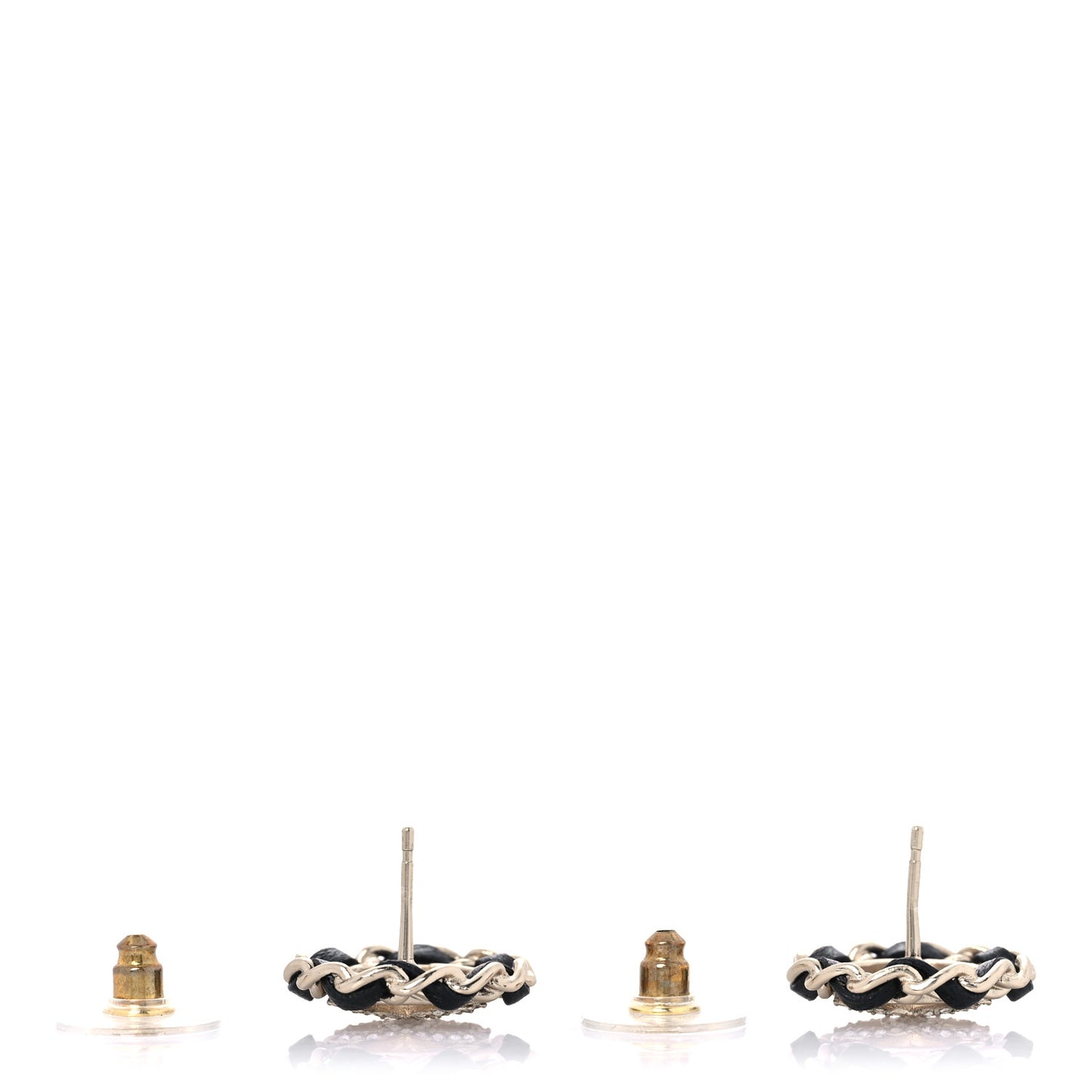 Crystal Lambskin Chain CC Stud Earrings Black Gold