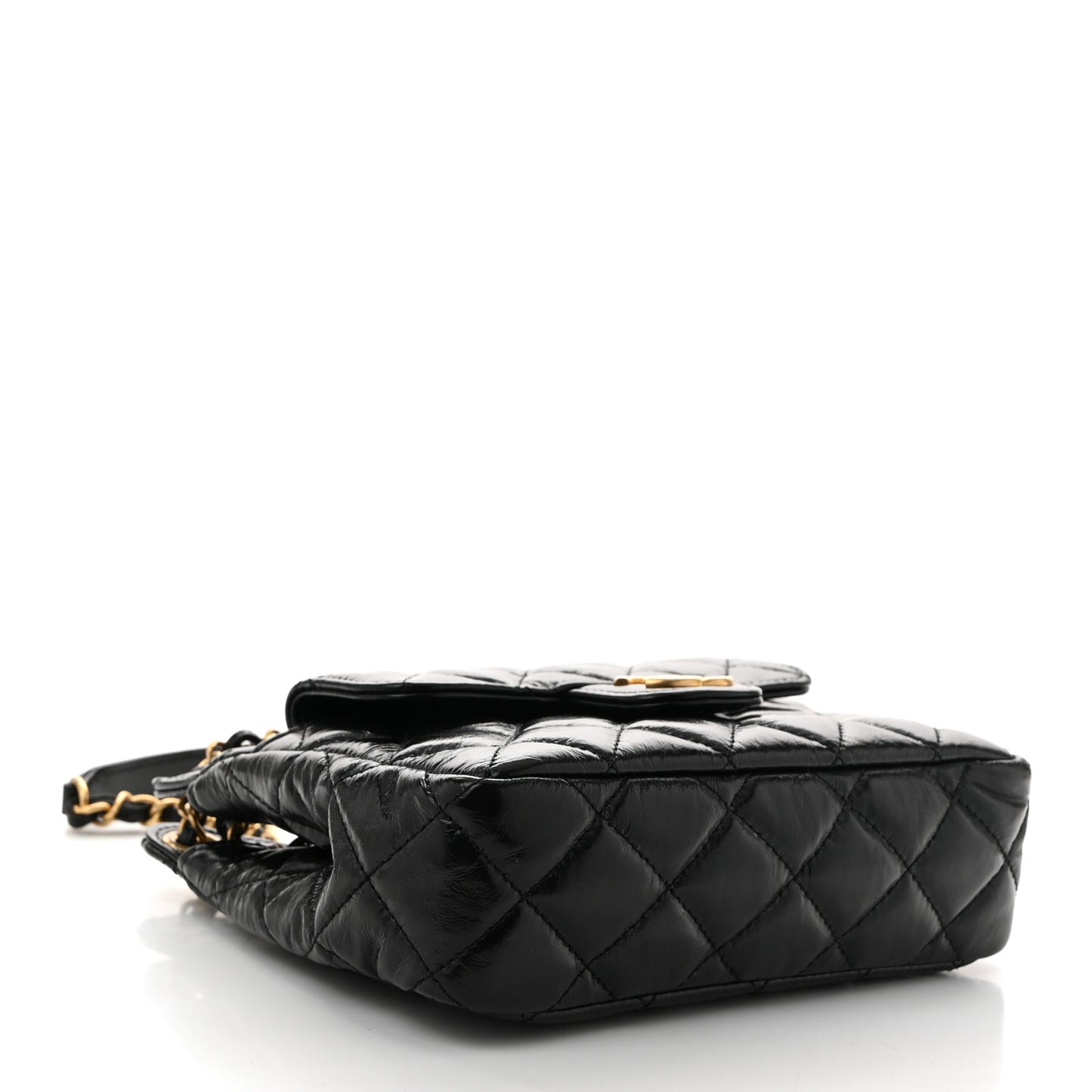 Shiny Crumpled Calfskin Quilted Small Wavy CC Hobo Black