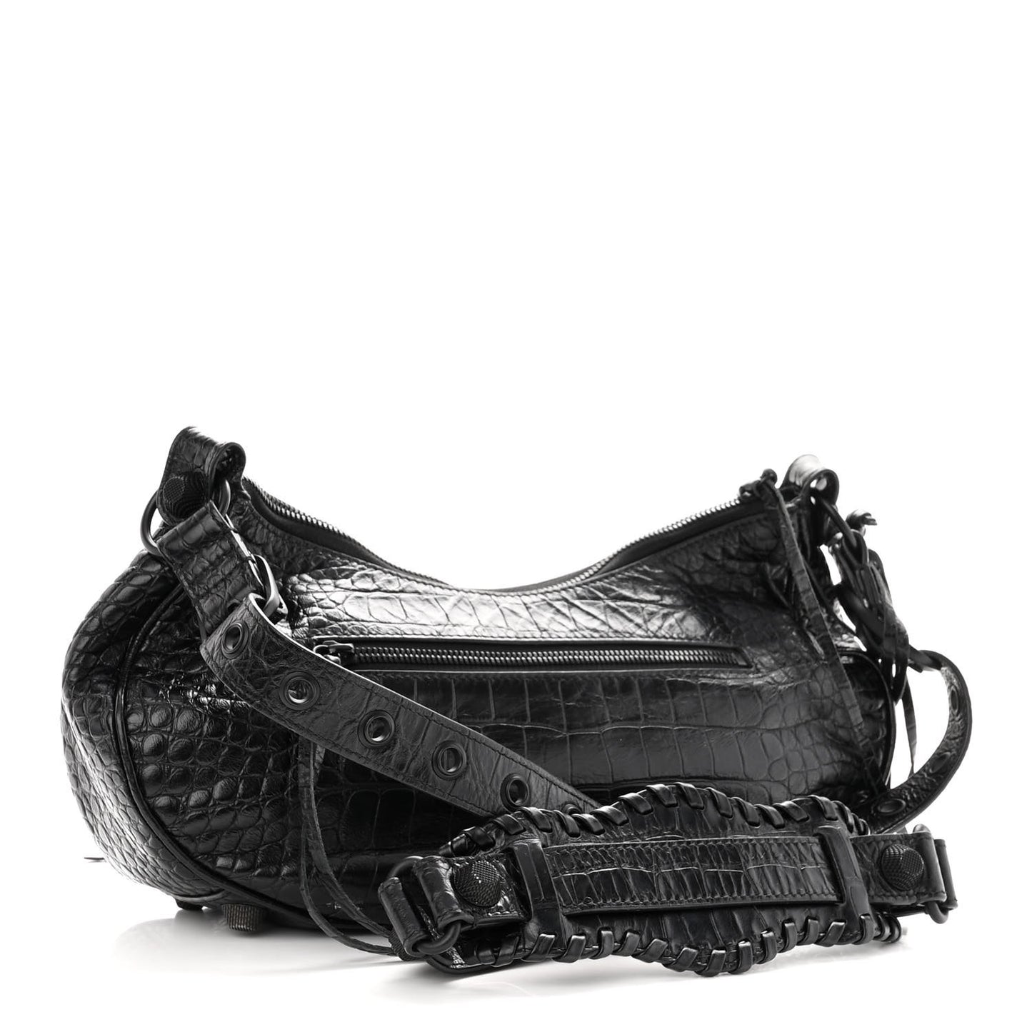 Extra Supple Calfskin Crocodile Embossed Monochrome Small Le Cagole Shoulder Bag Black