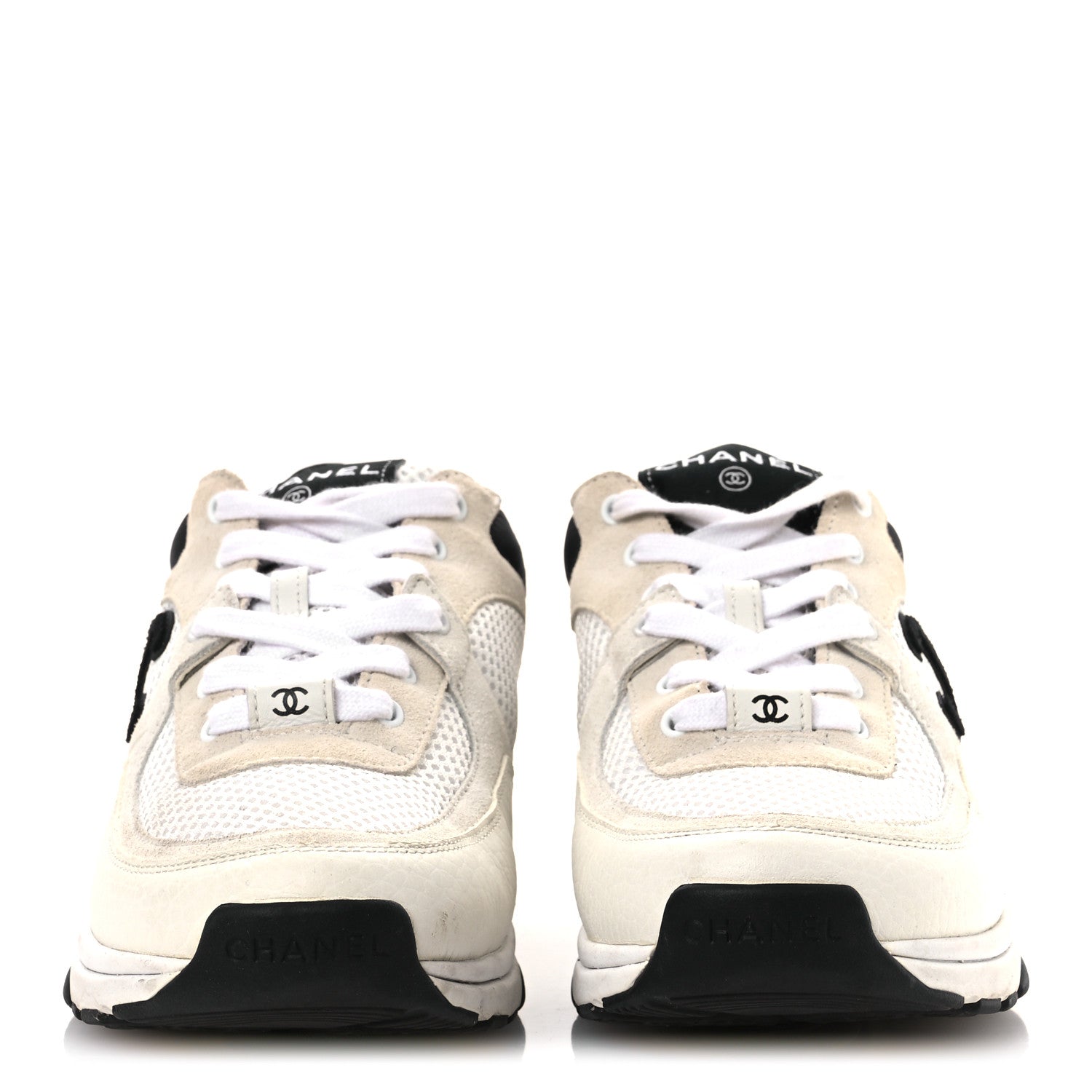 Chanel Mesh Suede Calfskin Grained Calfskin Womens CC Sneakers 37 White Black 3 of 13